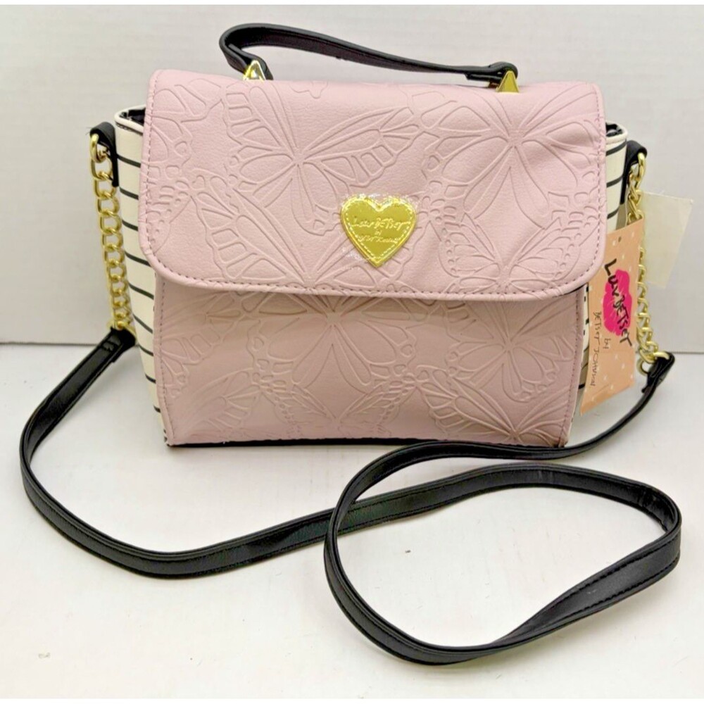 NWT Betsey Johnson Pink Butterfly Embossed Crossbody Bag Striped Sides